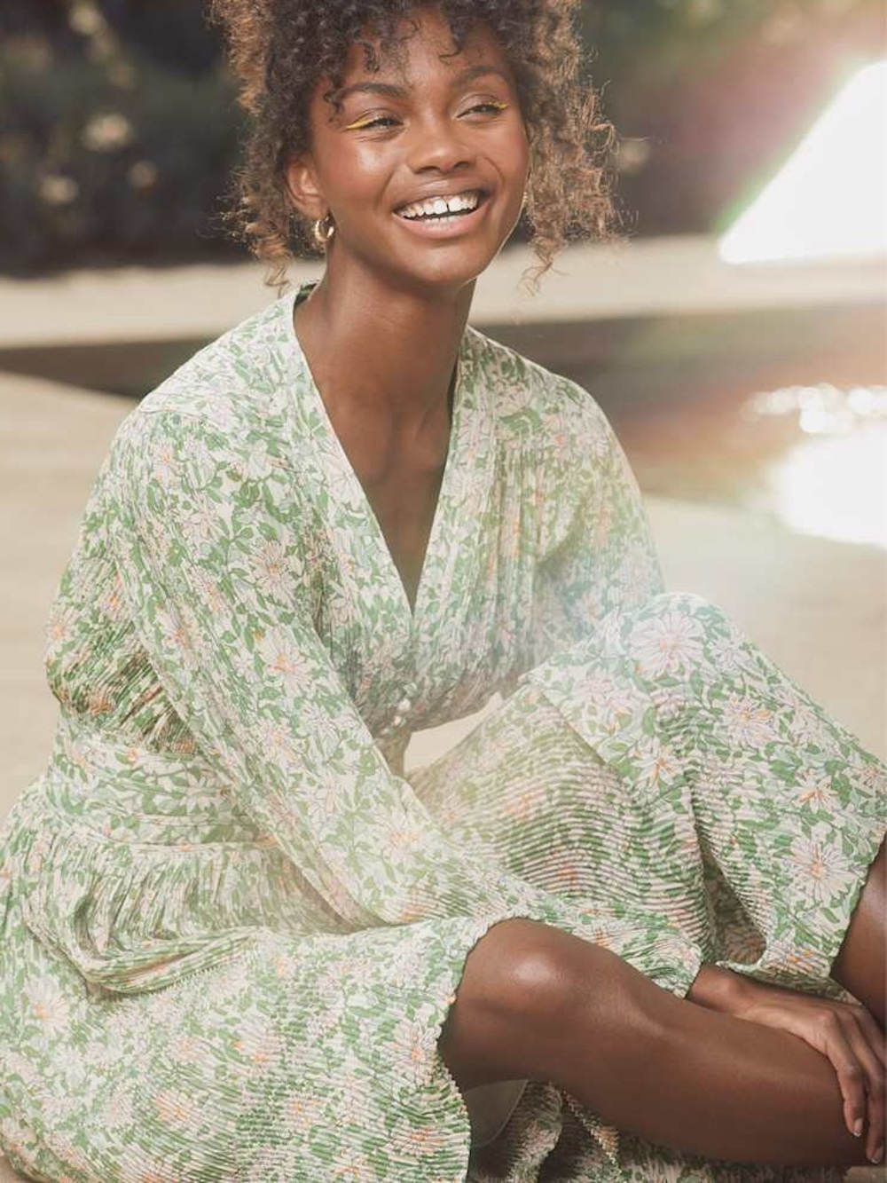 Green Floral V-neck Long Puff Sleeve Pintucked Midi Dress Pleated Wedding Garden - Picture 6 of 11